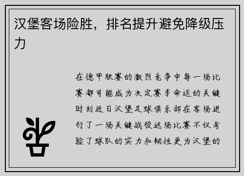 汉堡客场险胜，排名提升避免降级压力