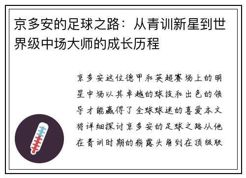 京多安的足球之路：从青训新星到世界级中场大师的成长历程